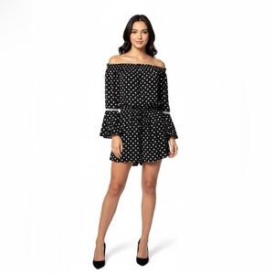 ELENA WANG Easy Care Poly Black / White Polka Dot Romper Bell Sleeves CA Sz L
